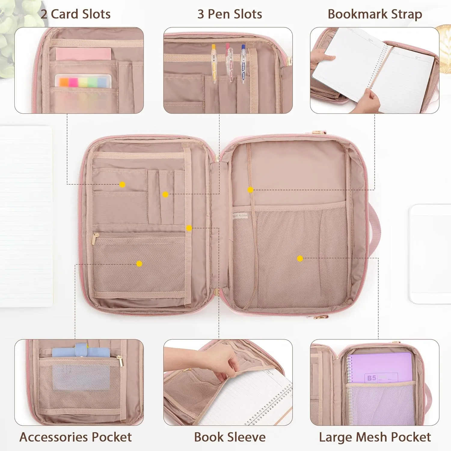 Journal Cover Bag, Journaling Supplies Storage Bag Carrying Case, Travel Organizer Holder for A5 B5 Planner and Notebook, Pink
