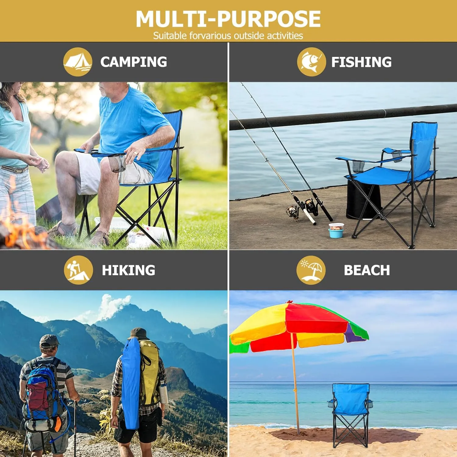 Joyfair Portable Camping Chair, Outdoor Lawn Folding Chairs for Adults, Heavy Duty Large Foldable Chairs for Beach, Fishing, Tailgating Outdoor Sport, 2 Cup Holders & Carry Bag