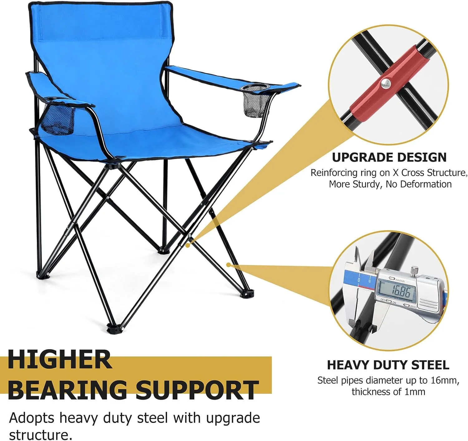 Joyfair Portable Camping Chair, Outdoor Lawn Folding Chairs for Adults, Heavy Duty Large Foldable Chairs for Beach, Fishing, Tailgating Outdoor Sport, 2 Cup Holders & Carry Bag