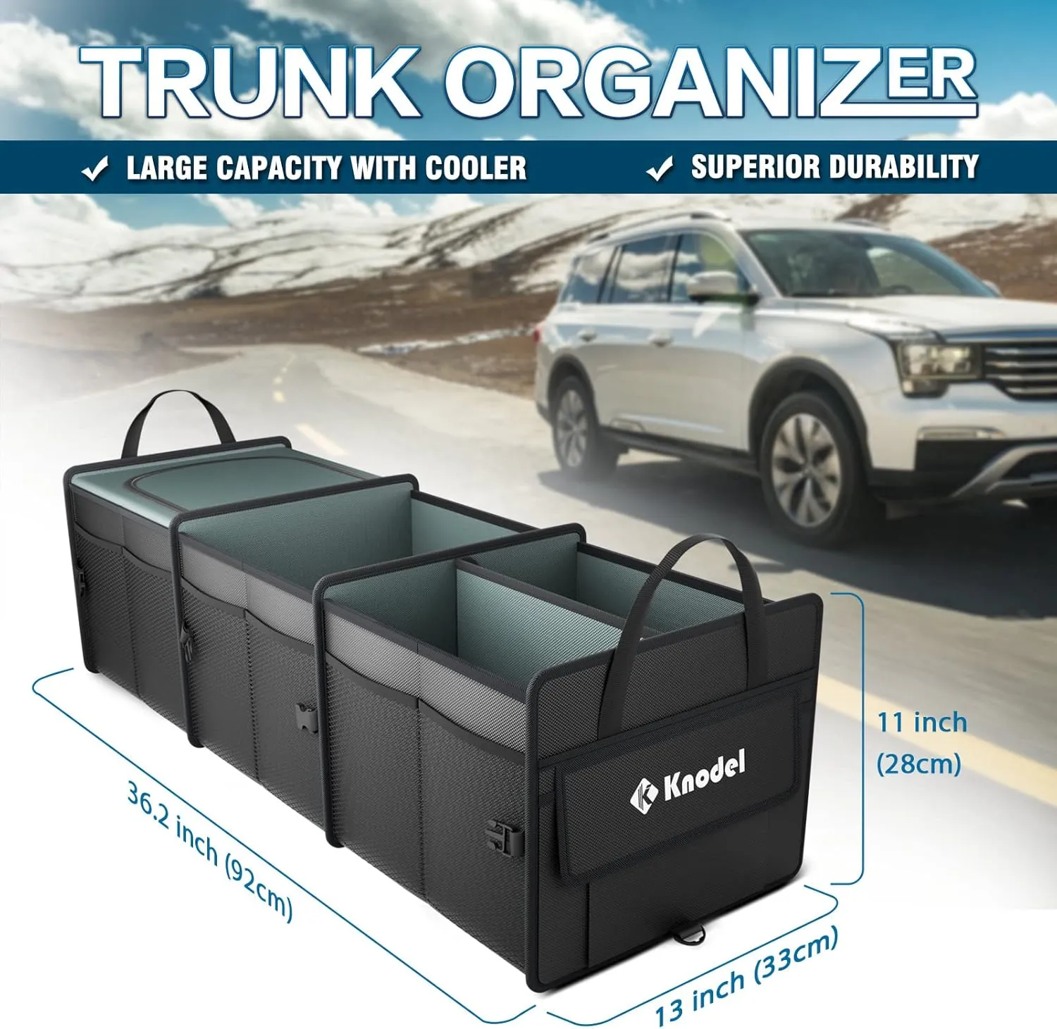 K KNODEL Sturdy Car Trunk Organizer with Premium Insulation Cooler Bag, Heavy Duty Collapsible for Car, SUV, Truck, or Van (3 Compartments, Black)