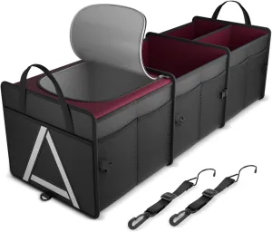 K KNODEL Sturdy Car Trunk Organizer with Premium Insulation Cooler Bag, Heavy Duty Collapsible Trunk Storage Organizer for Car, SUV, Truck, or Van (3 Compartments, Red)