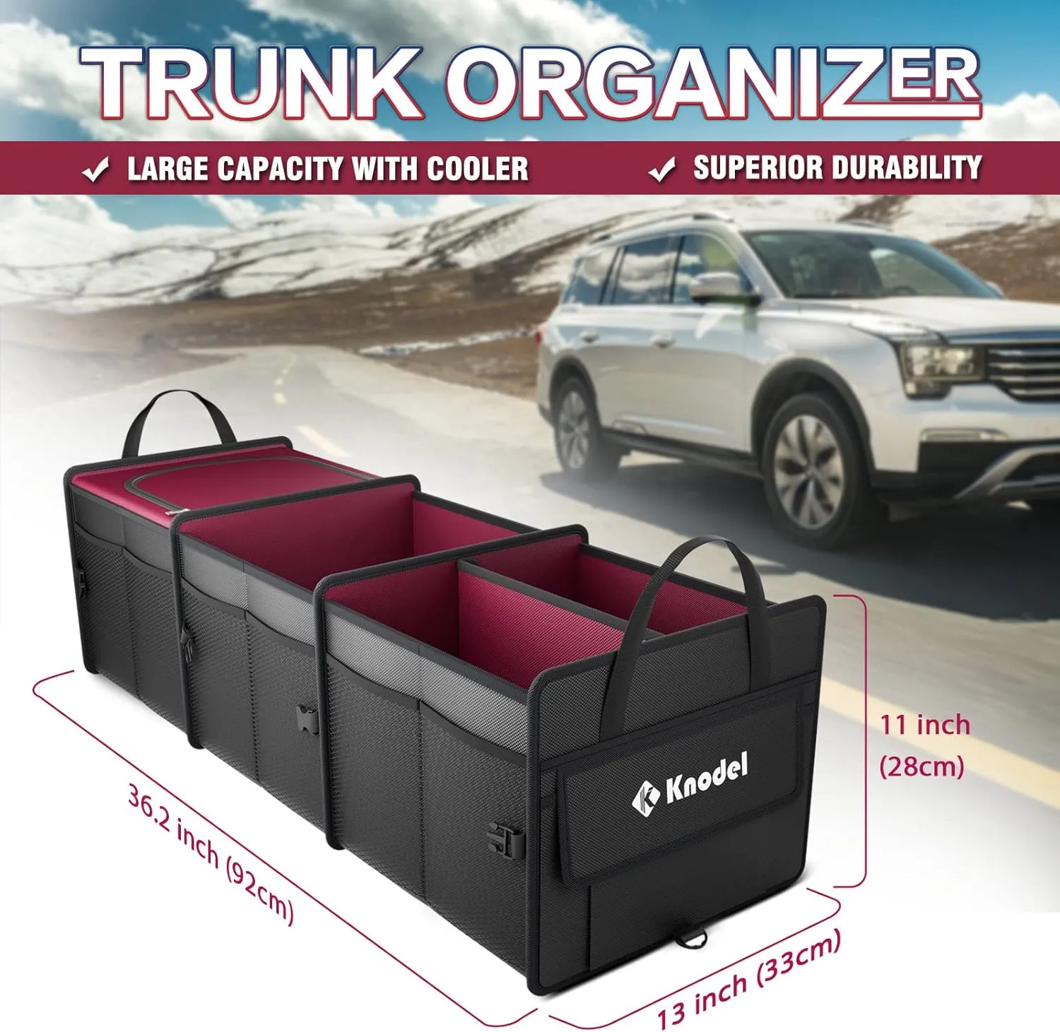 K KNODEL Sturdy Car Trunk Organizer with Premium Insulation Cooler Bag, Heavy Duty Collapsible Trunk Storage Organizer for Car, SUV, Truck, or Van (3 Compartments, Red)