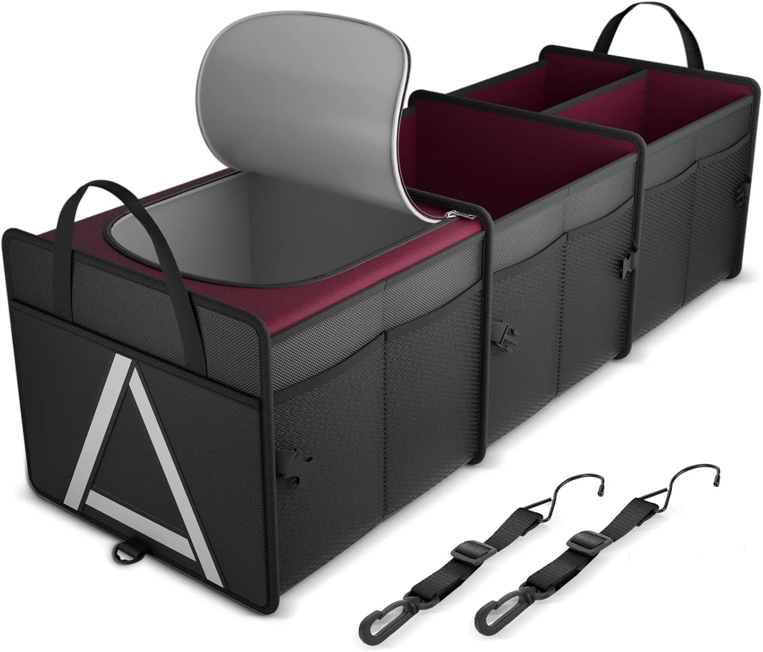 K KNODEL Sturdy Car Trunk Organizer with Premium Insulation Cooler Bag, Heavy Duty Collapsible Trunk Storage Organizer for Car, SUV, Truck, or Van (3 Compartments, Red)