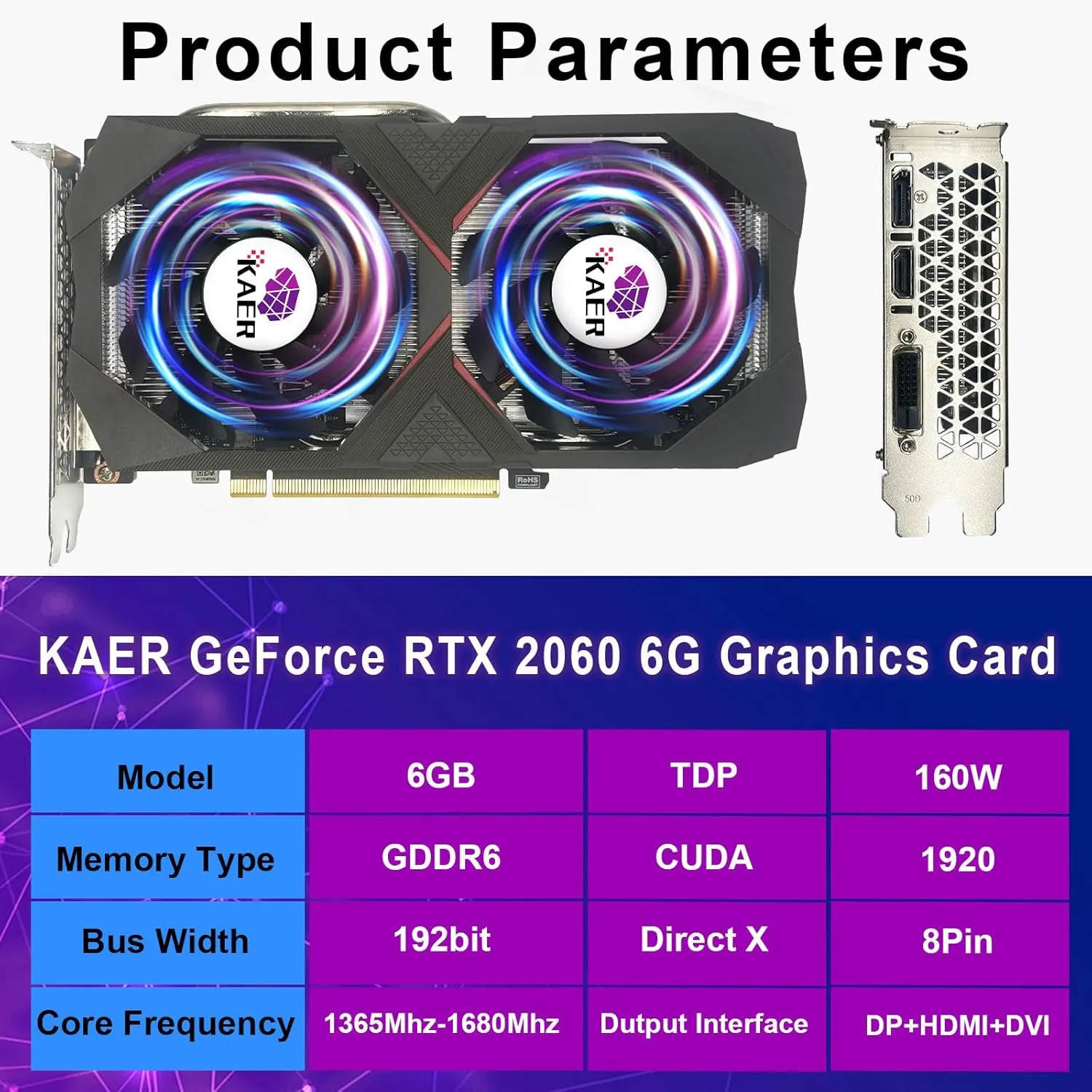 KAER Gaming GeForce RTX 2060 6GB GDRR6 192-Bit HDMI/DP/DVI 1680MHz Dual Fans ray-tracing Graphics Card