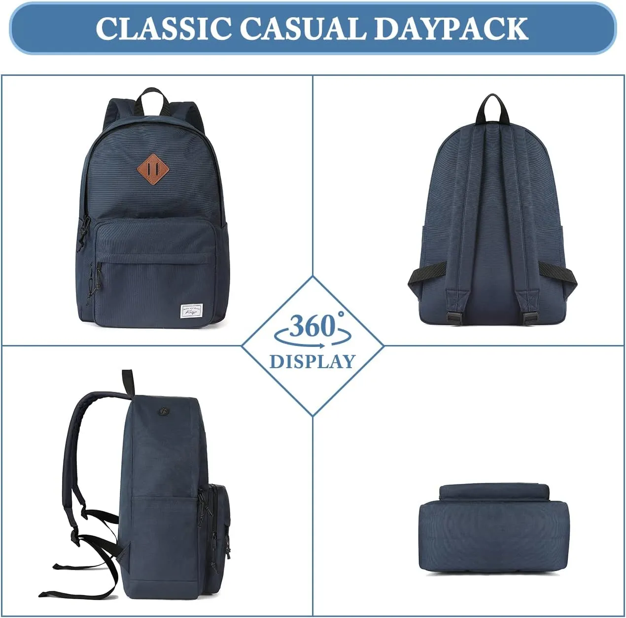 Kasqo School Backpack, 15.6 Inch Classic Lightweight Water-Resistant Backpack for Men Women Teens Girls Boys Kids to School, College, Travel, Work, Sapphire Blue