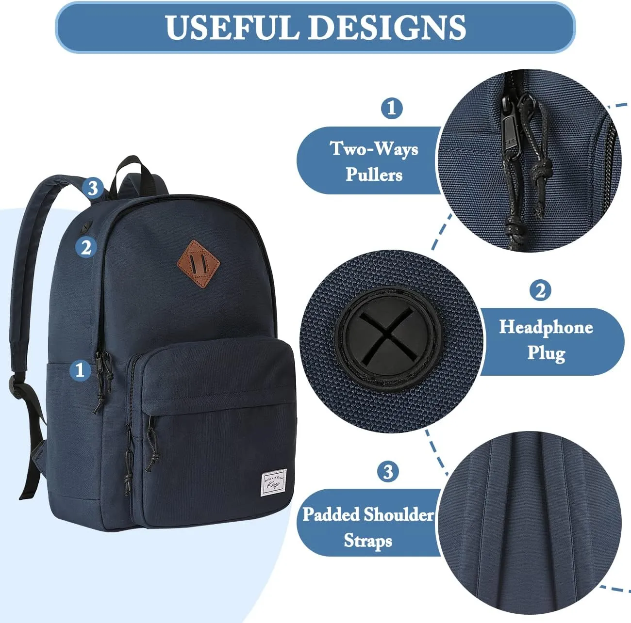 Kasqo School Backpack, 15.6 Inch Classic Lightweight Water-Resistant Backpack for Men Women Teens Girls Boys Kids to School, College, Travel, Work, Sapphire Blue