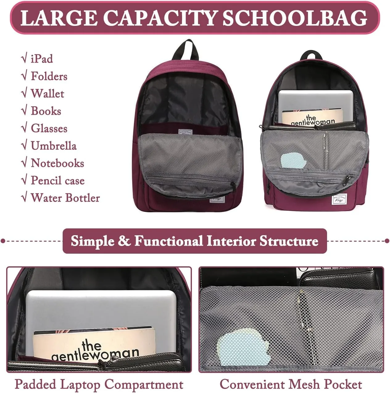 Kasqo School Backpack, Classic Lightweight Water-Resistant Daypack Bookbag for Women Teens Girls Kids College,Travel, Work, Wine Red
