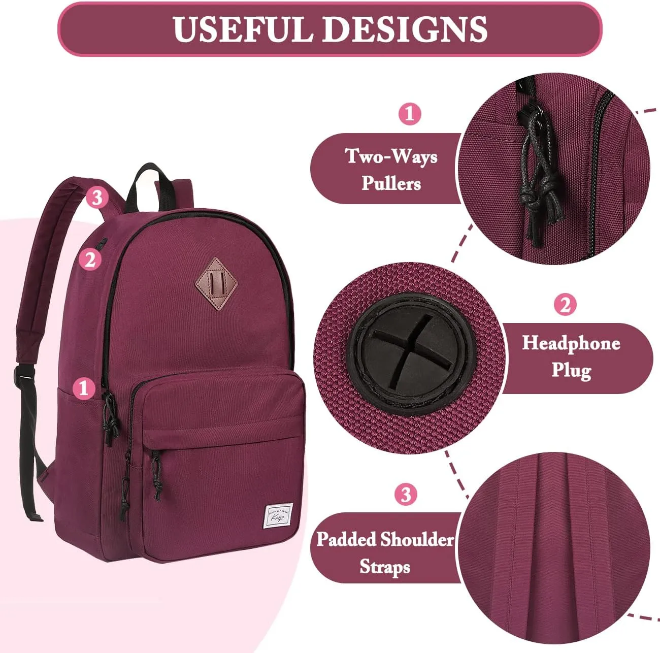 Kasqo School Backpack, Classic Lightweight Water-Resistant Daypack Bookbag for Women Teens Girls Kids College,Travel, Work, Wine Red