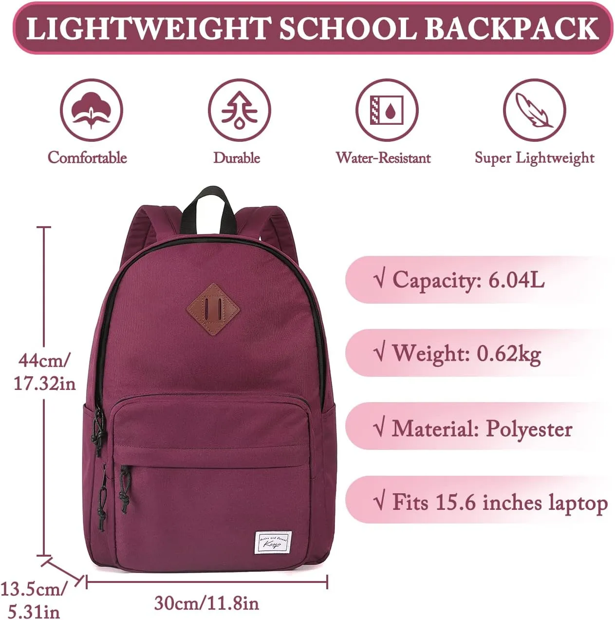 Kasqo School Backpack, Classic Lightweight Water-Resistant Daypack Bookbag for Women Teens Girls Kids College,Travel, Work, Wine Red