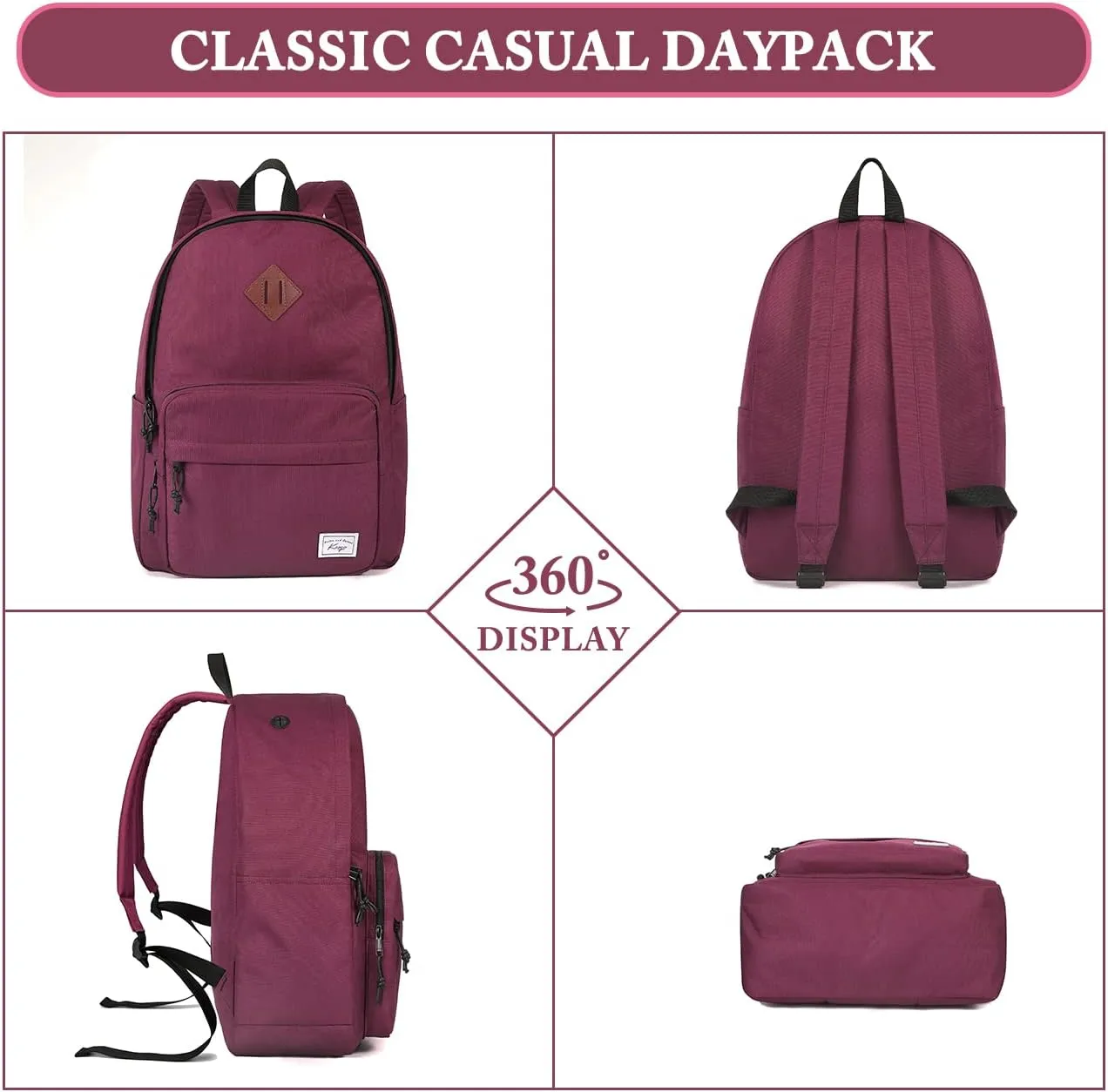 Kasqo School Backpack, Classic Lightweight Water-Resistant Daypack Bookbag for Women Teens Girls Kids College,Travel, Work, Wine Red