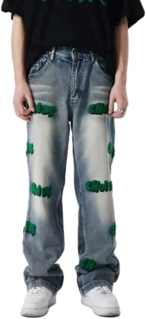 KCLOT Men's Relaxed Fit Hip Hop Straight Jeans Wide Leg Denim Pants 90's Style