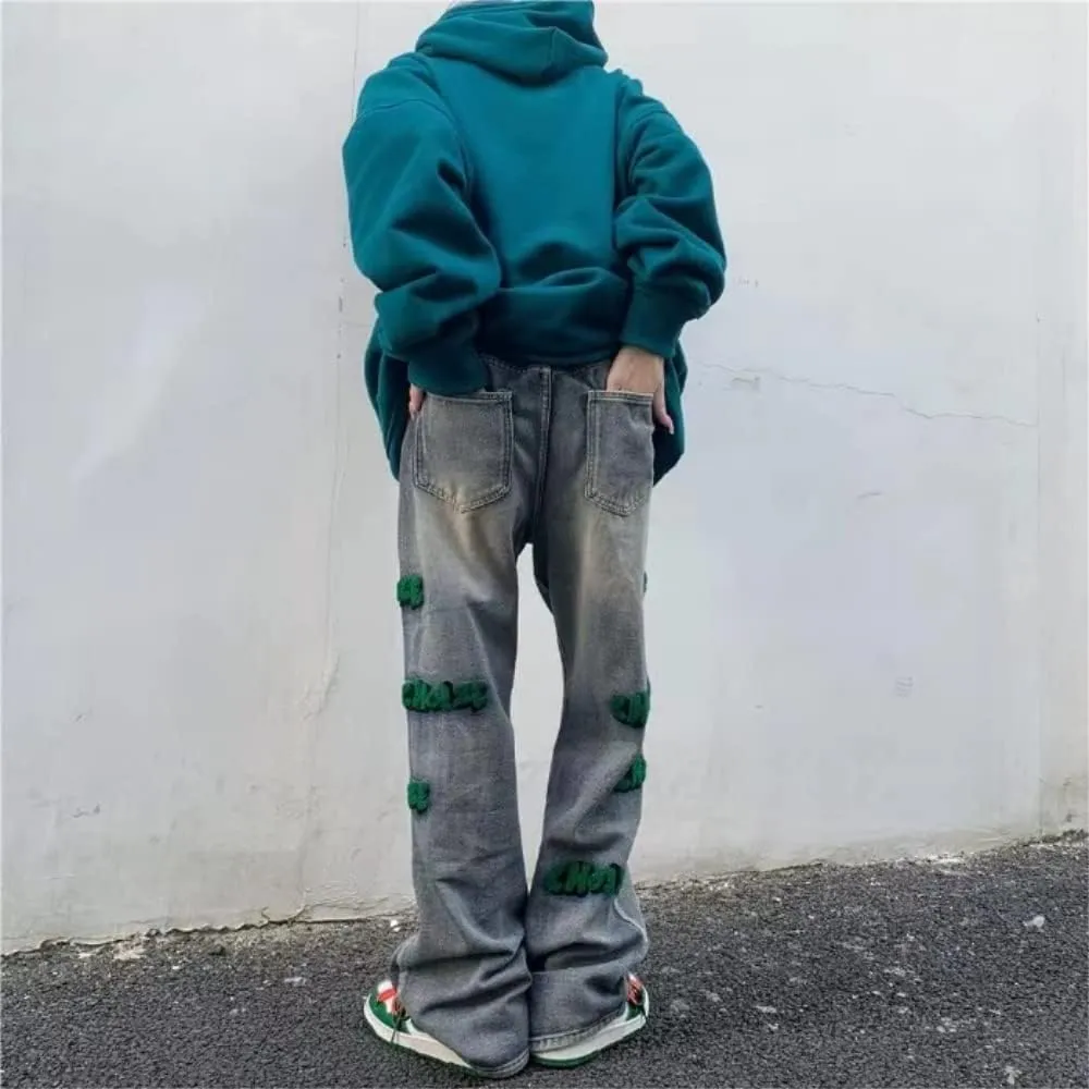 KCLOT Men's Relaxed Fit Hip Hop Straight Jeans Wide Leg Denim Pants 90's Style