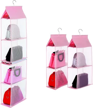 KEEPJOY Closet Purse Organizer, Hanging Handbag Organizer with 4 Heavy-Duty Mesh Shelves Closet Purse Storage Bag (Pink)