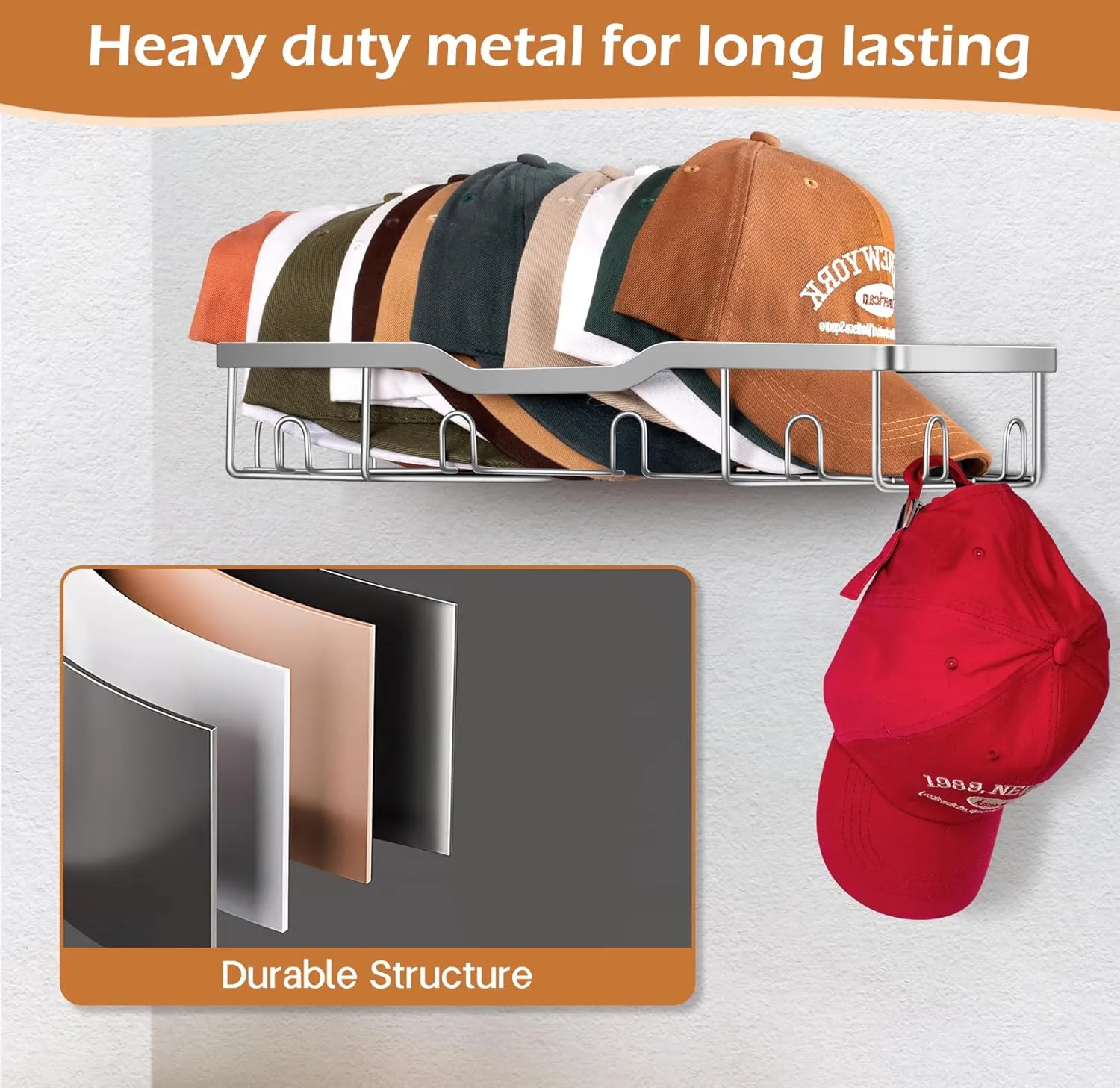 KEETDY Metal Hat Racks for Baseball Caps Wall Hat Organizer Fit 20 Caps Holder, 2 Packs Sturdy Wall Mounted Snapback Storage Organizer, Silver
