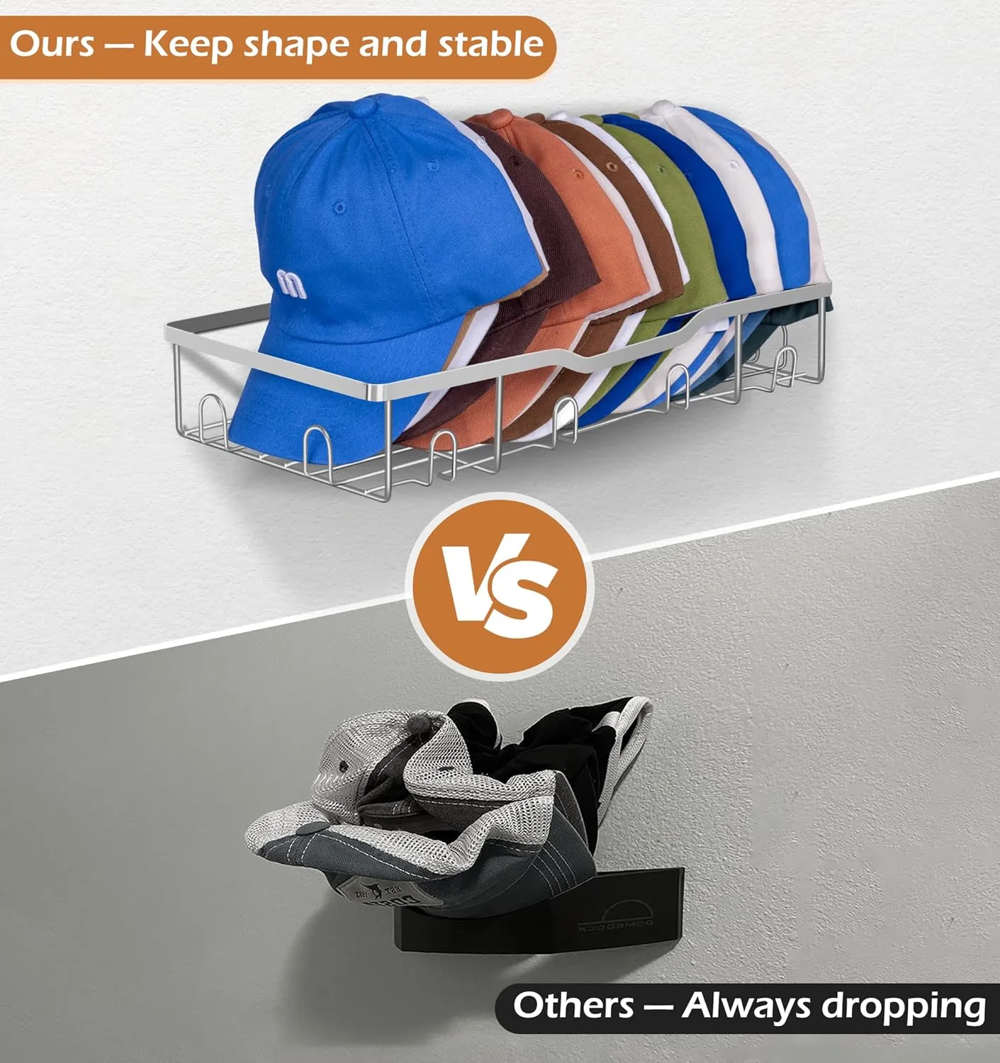 KEETDY Metal Hat Racks for Baseball Caps Wall Hat Organizer Fit 20 Caps Holder, 2 Packs Sturdy Wall Mounted Snapback Storage Organizer, Silver