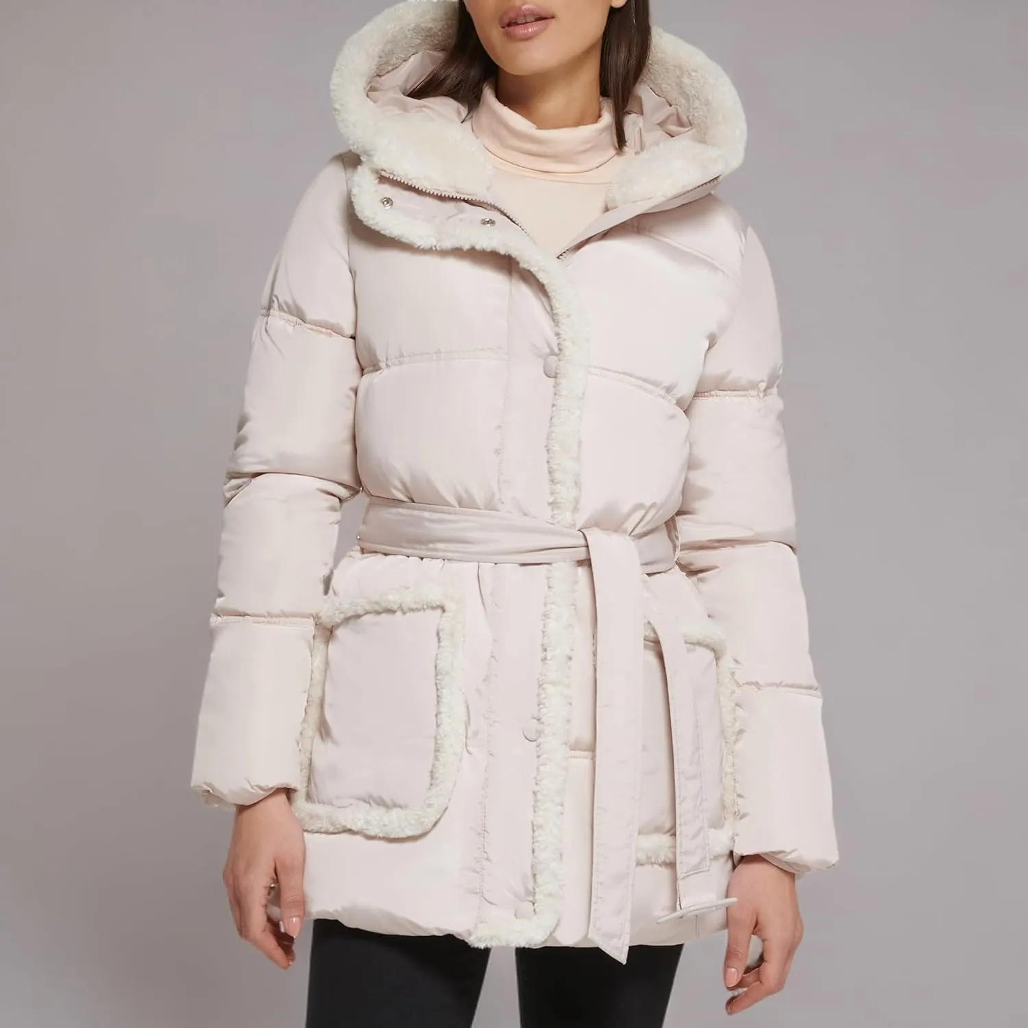 Kenneth Cole Women's Faux Sherpa Trim Hooded Puffer Coat