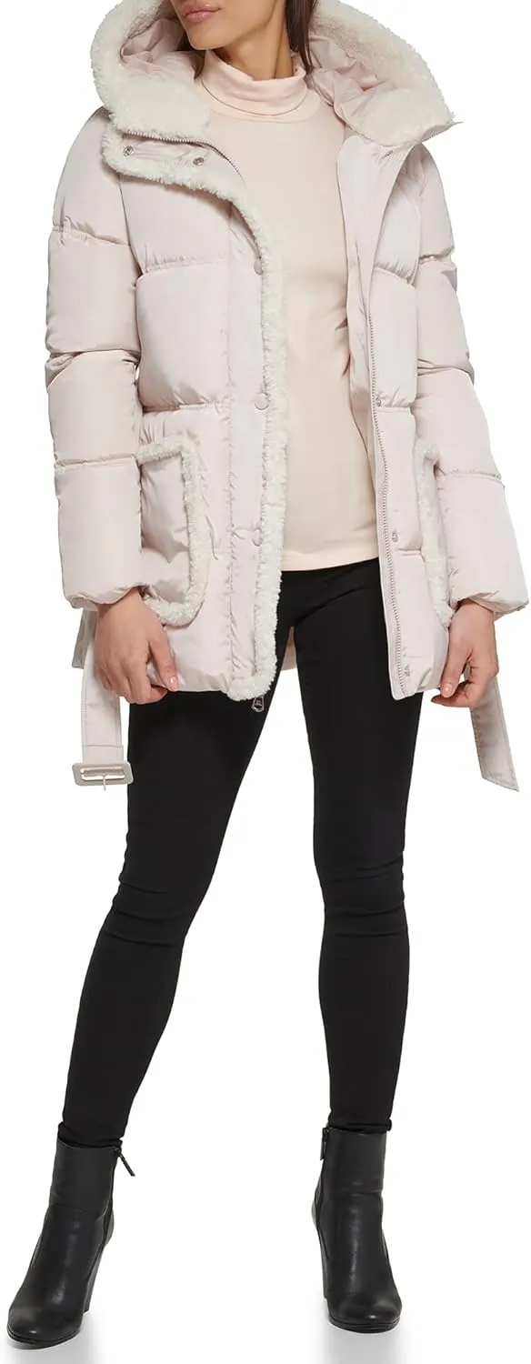 Kenneth Cole Women's Faux Sherpa Trim Hooded Puffer Coat