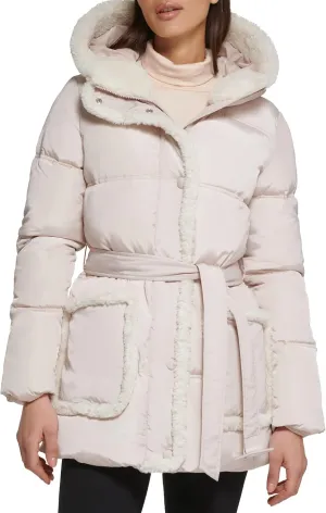 Kenneth Cole Women's Faux Sherpa Trim Hooded Puffer Coat
