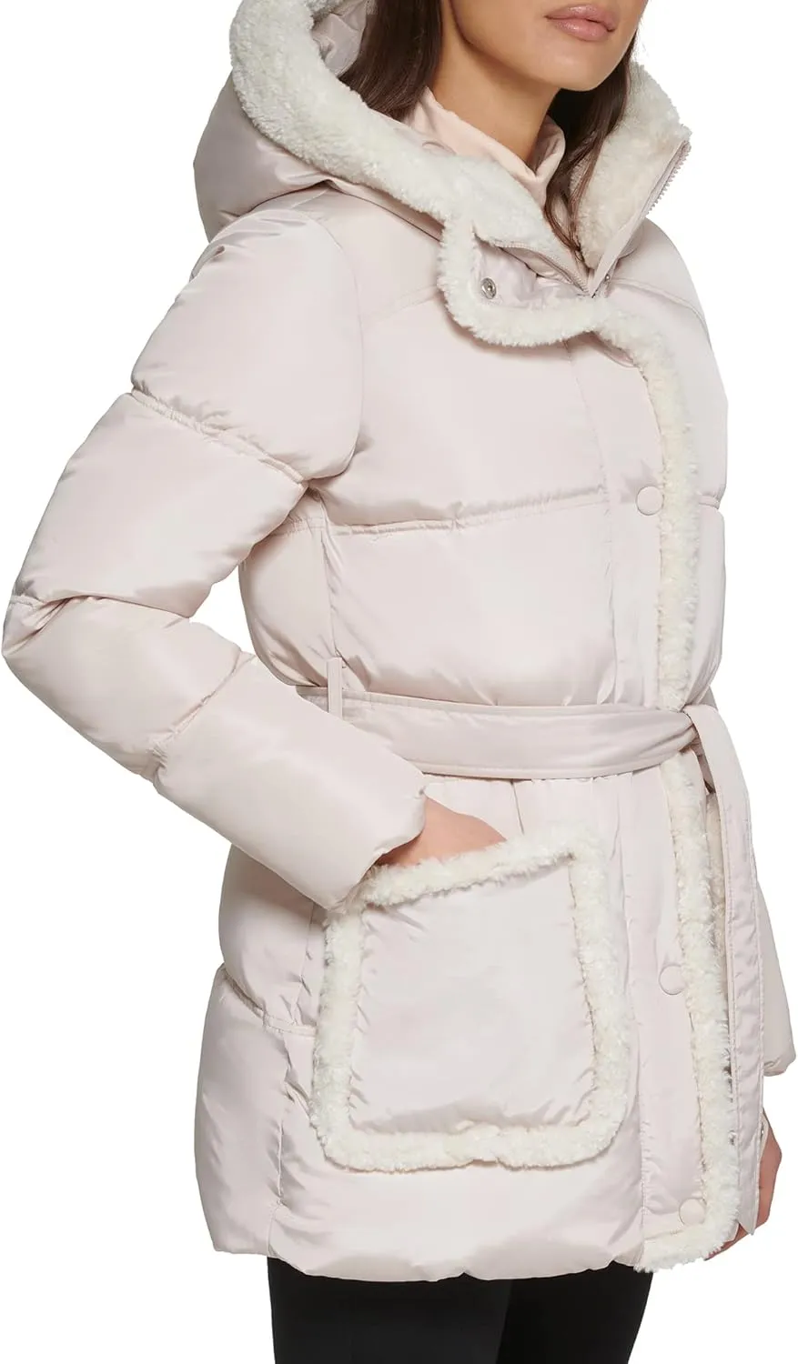 Kenneth Cole Women's Faux Sherpa Trim Hooded Puffer Coat