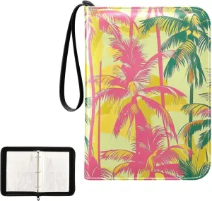 Kigai Colorful Palm Trees Trading Card Binder, 4 Pockets Card Album with 400 Cards, Waterproof PU Zip Portable Card Holder for Sports Cards, Game Cards