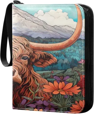 Kigai Trading Card Binder with 50 Sleeves, 400 Pockets PU Zipper Card Collection Binder 4-Pocket Portable Card Folder for Sports Cards, Game Cards (Highland Cow Oil Painting)