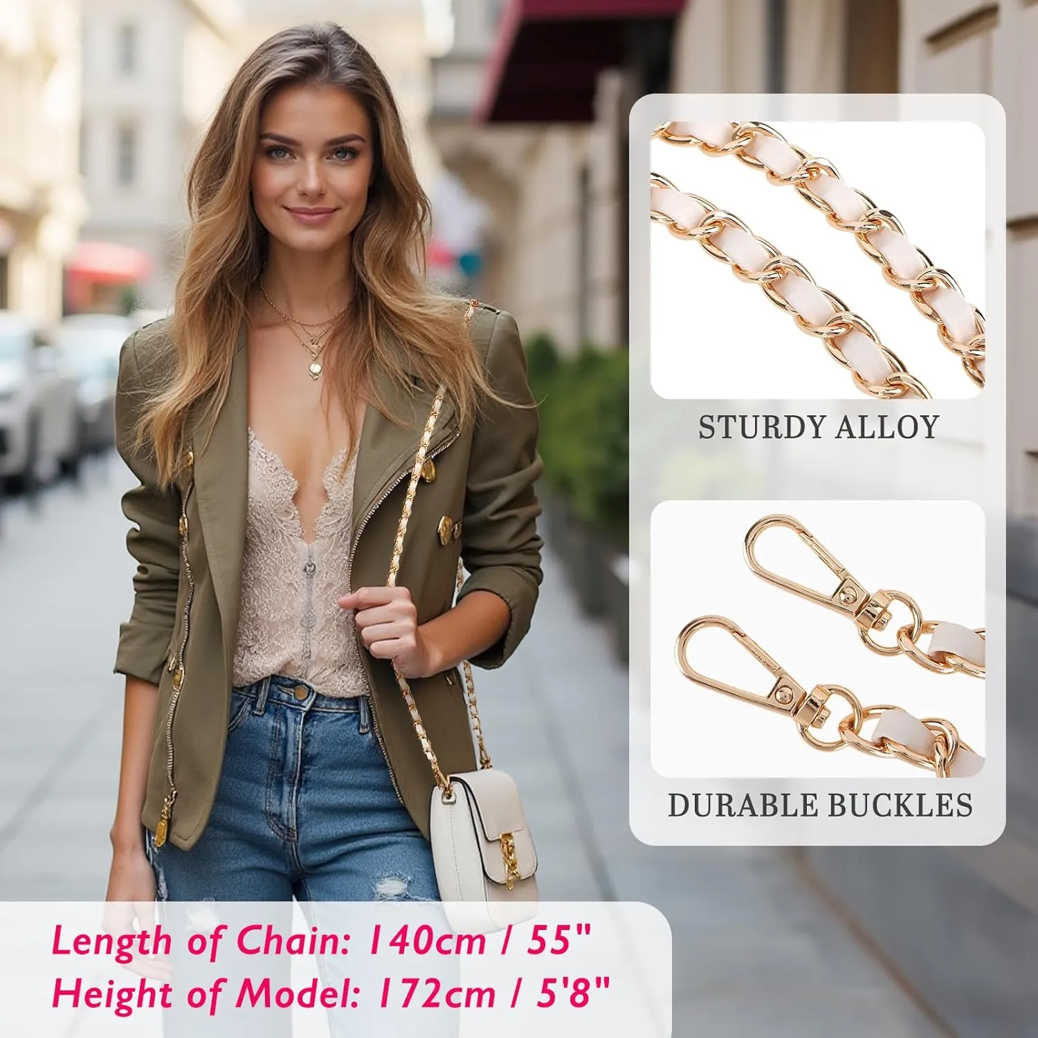 kilofly 2pc Gold Plated Faux Leather Removable Clutch Chain Shoulder Straps Set