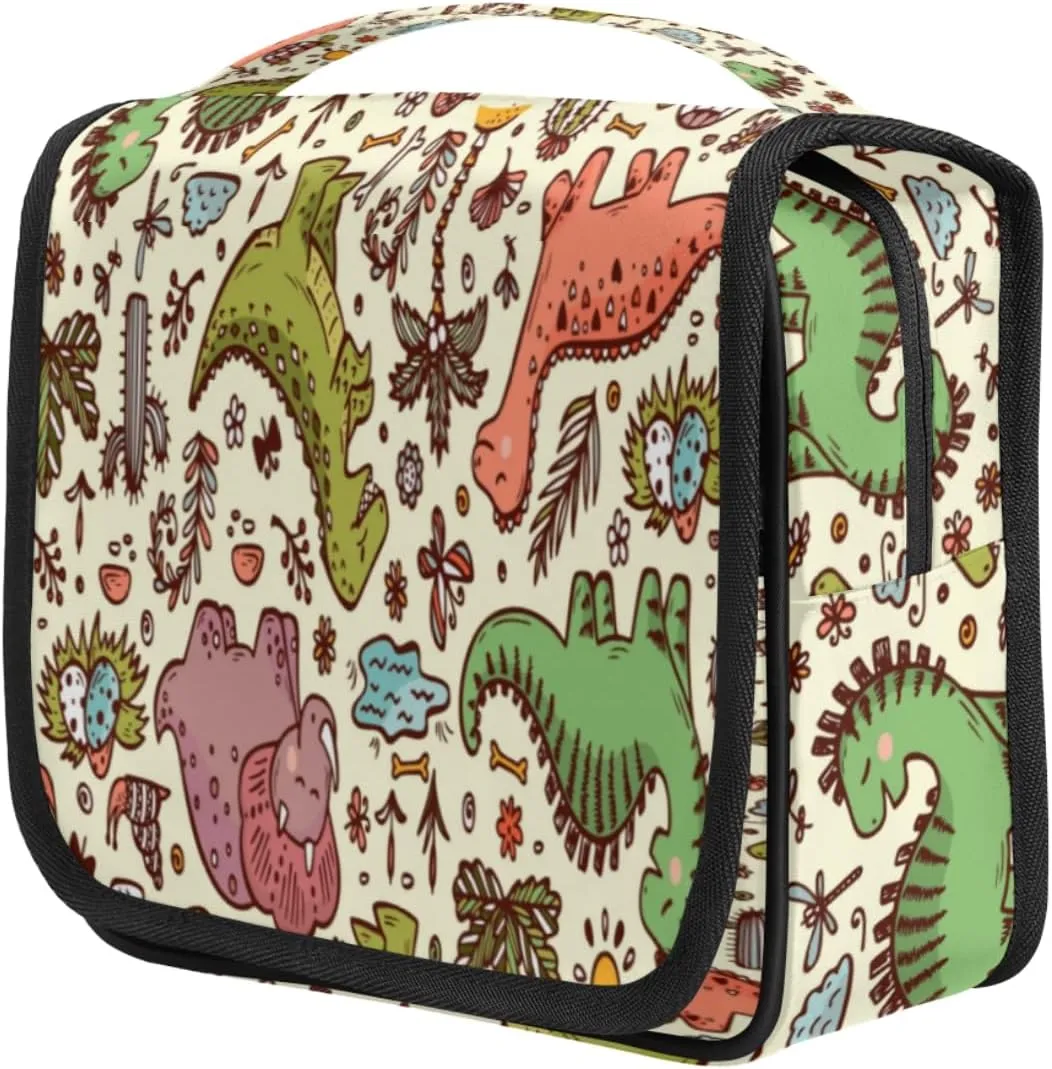 Kind Dinosaur Tree Pattern Travel Toiletry Bag for Women Portable Waterproof Travel Makeup Bag with Hanging Hook Makeup Cosmetic Organizer for Travel Business Trip Camping Bathroom
