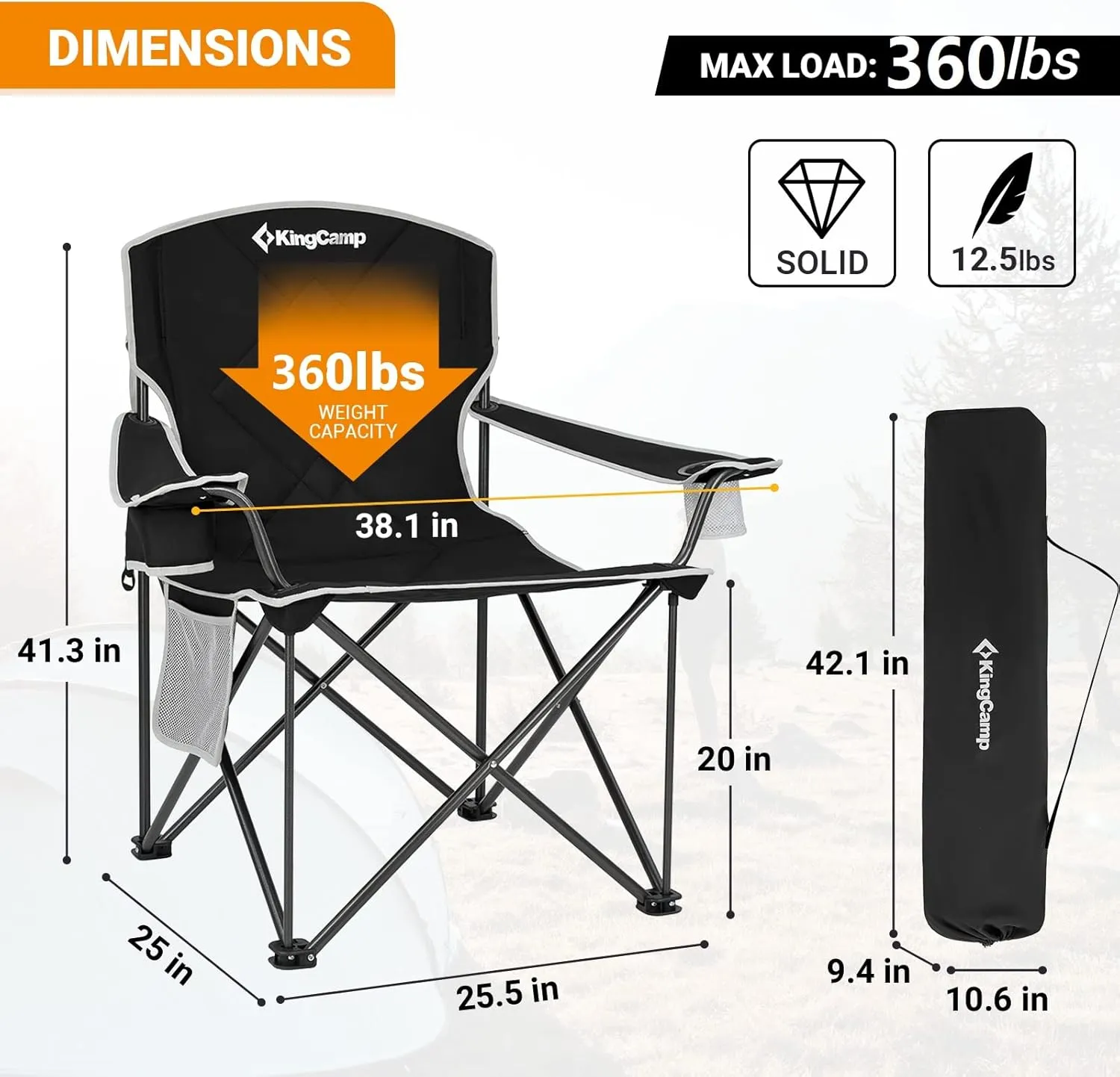 KingCamp Portable Folding Camping Quad Chair, Oversized Fully Cushioned Seat with Side Pocket and Cup Holder, for Tailgates, Beach, Lawn