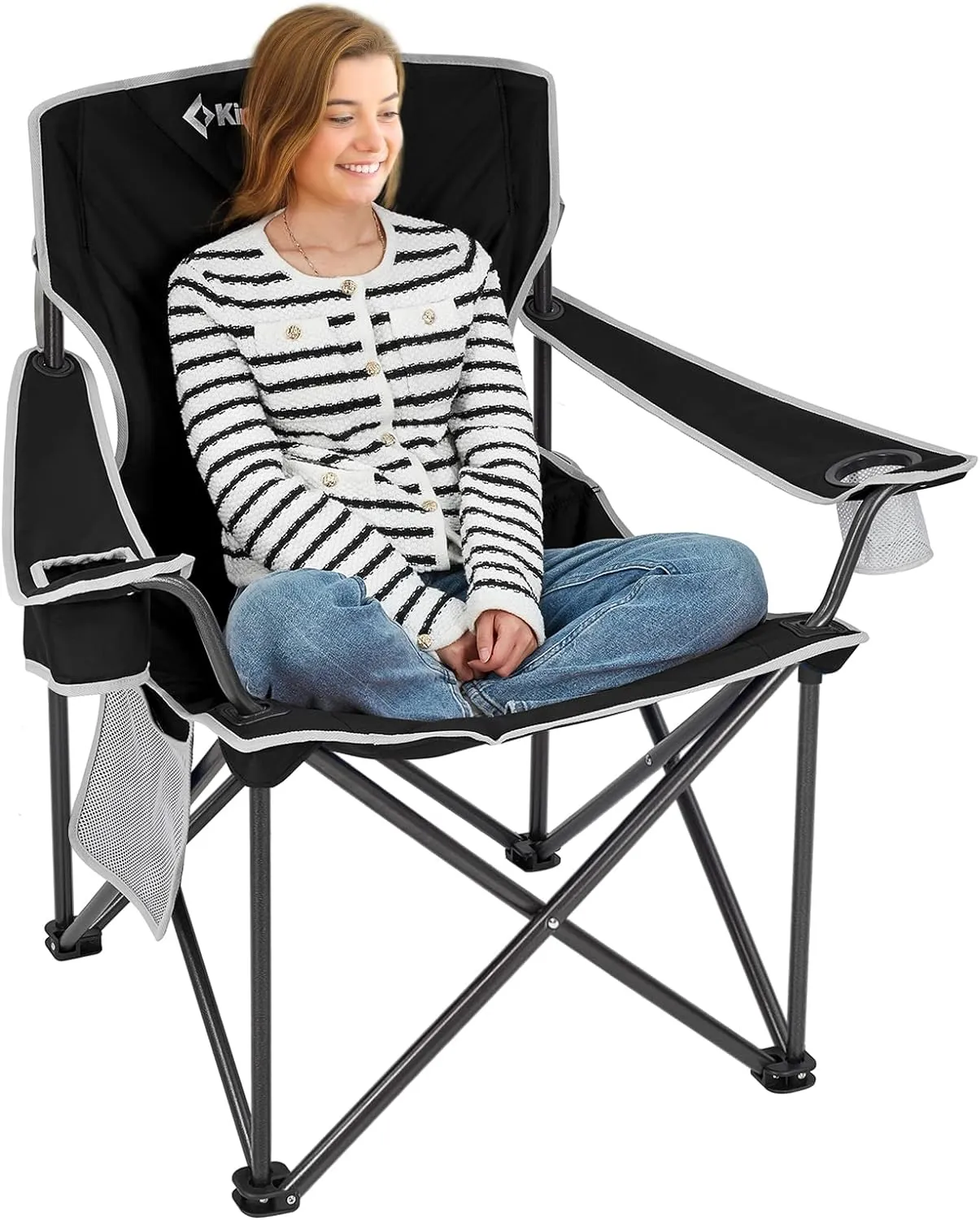 KingCamp Portable Folding Camping Quad Chair, Oversized Fully Cushioned Seat with Side Pocket and Cup Holder, for Tailgates, Beach, Lawn