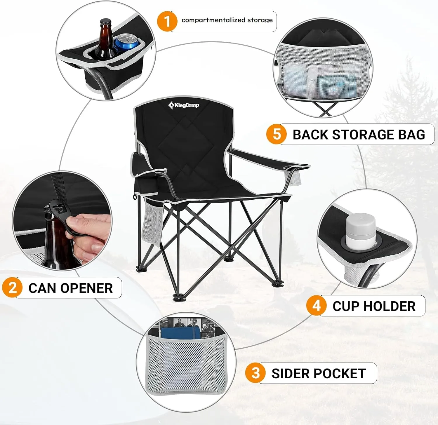 KingCamp Portable Folding Camping Quad Chair, Oversized Fully Cushioned Seat with Side Pocket and Cup Holder, for Tailgates, Beach, Lawn