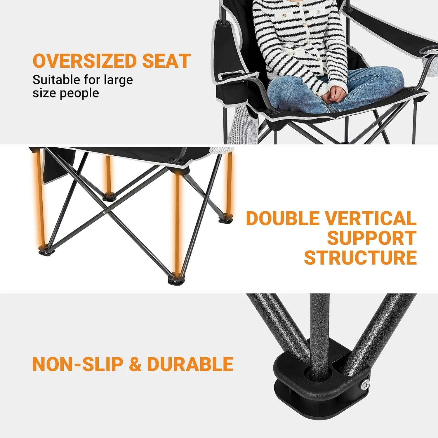 KingCamp Portable Folding Camping Quad Chair, Oversized Fully Cushioned Seat with Side Pocket and Cup Holder, for Tailgates, Beach, Lawn