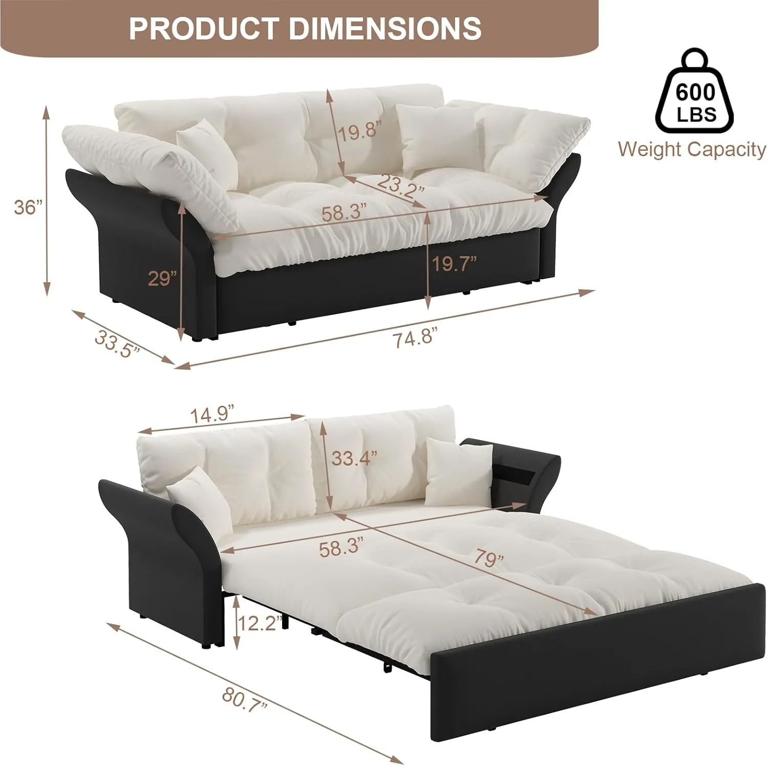 KIVENJAJA 74.8” Queen Pull Out Sofa Bed, 3 in 1 Convertible Sleeper Sofa Futon Pullout Couch, Velvet Tufted Cloud Loveseat with 2 Pillows for Living Room Bedroom Apartment, Beige
