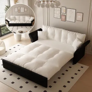 KIVENJAJA 74.8” Queen Pull Out Sofa Bed, 3 in 1 Convertible Sleeper Sofa Futon Pullout Couch, Velvet Tufted Cloud Loveseat with 2 Pillows for Living Room Bedroom Apartment, Beige