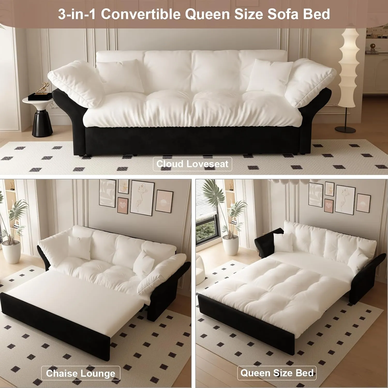 KIVENJAJA 74.8” Queen Pull Out Sofa Bed, 3 in 1 Convertible Sleeper Sofa Futon Pullout Couch, Velvet Tufted Cloud Loveseat with 2 Pillows for Living Room Bedroom Apartment, Beige