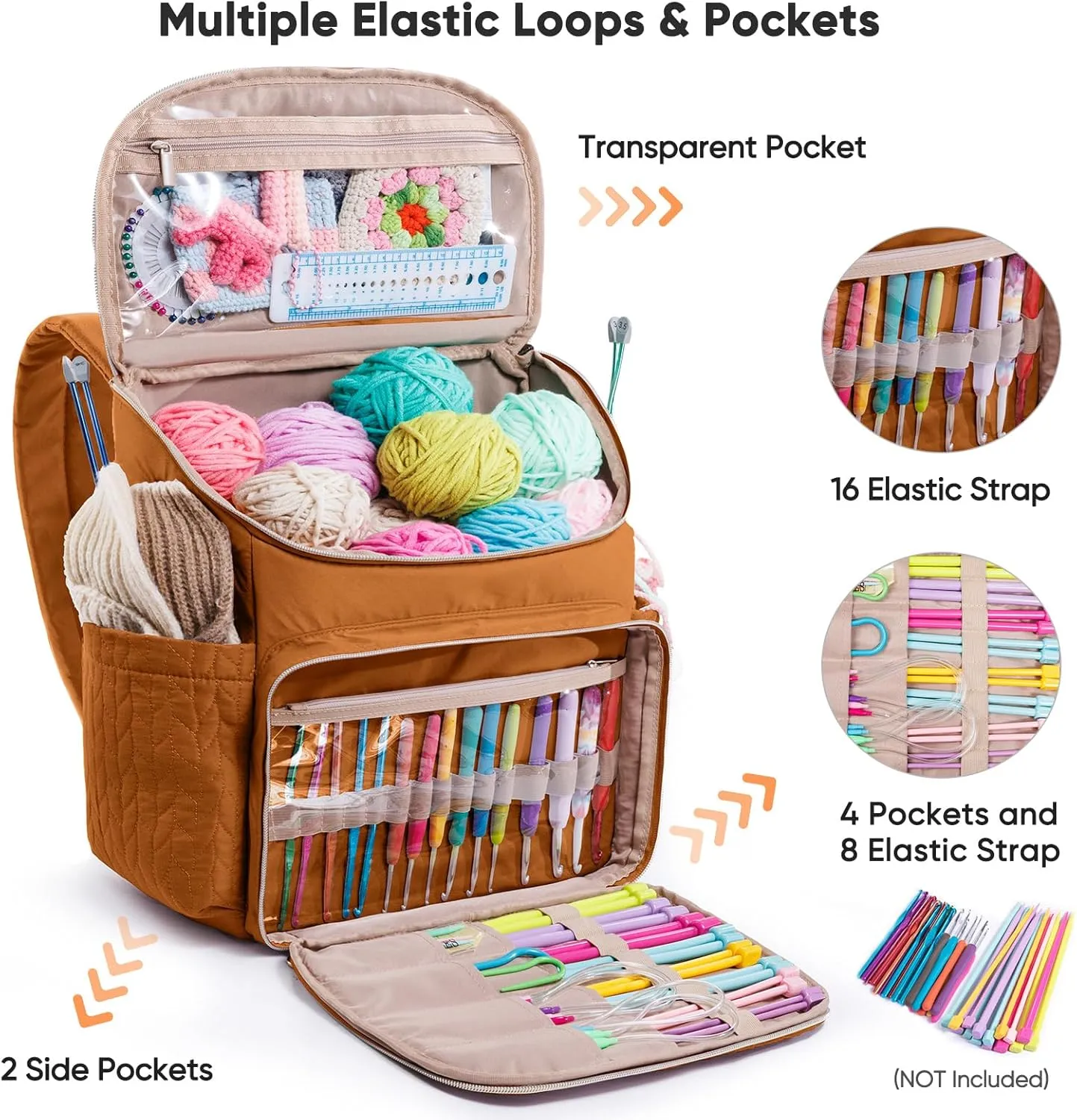 Knitting Bag Backpack, Large Crochet Backpack - Crochet Bag Organizer, Yarn Storage Organizer - Yarn Holder with 10 Pockets for Crochet Accessories, Knitting & Crochet Supplies, Crochet Gift
