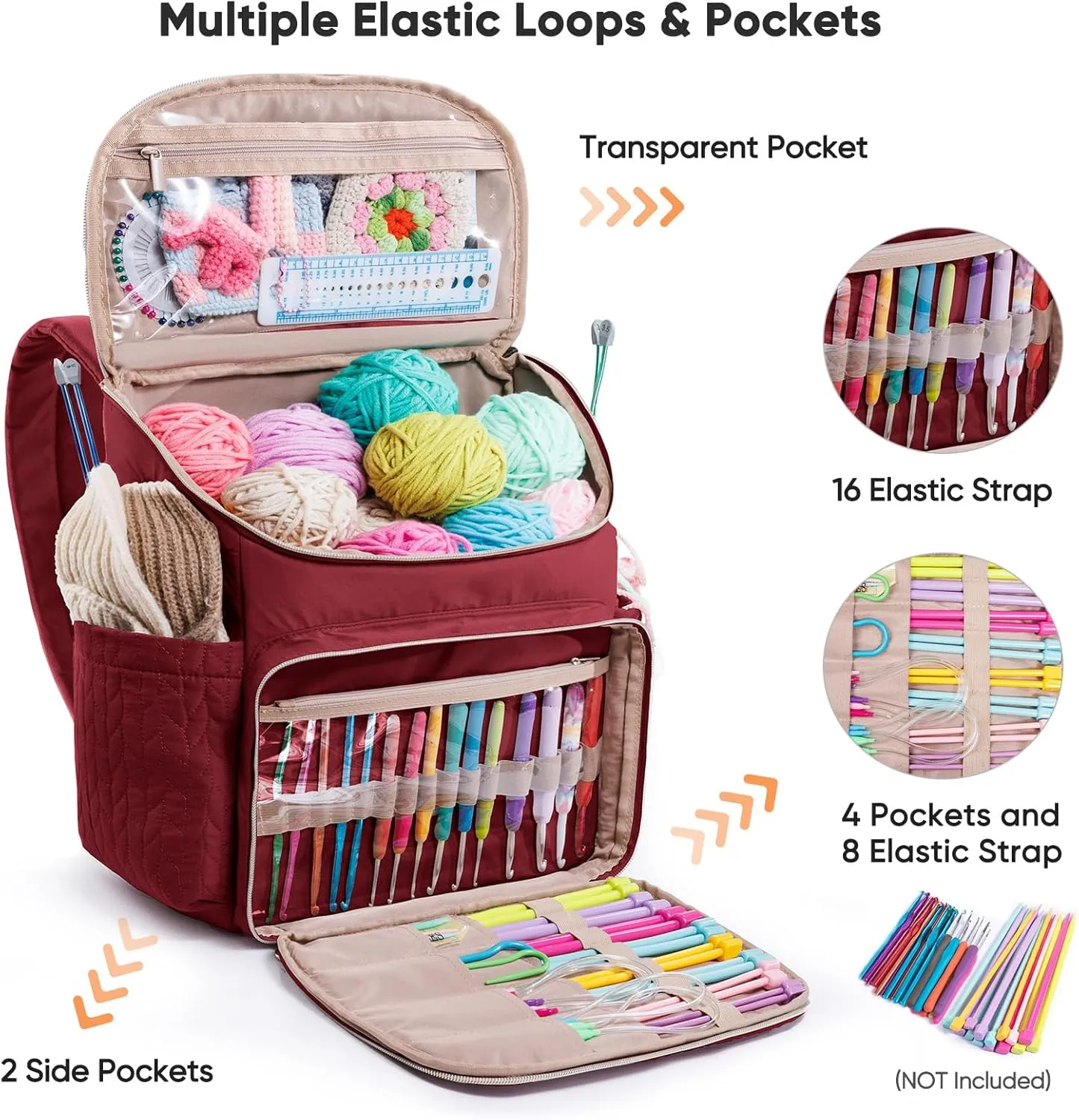 Knitting Bag Backpack, Large Crochet Backpack - Crochet Bag Organizer, Yarn Storage Organizer - Yarn Holder with 10 Pockets for Crochet Accessories, Knitting & Crochet Supplies, Crochet Gift