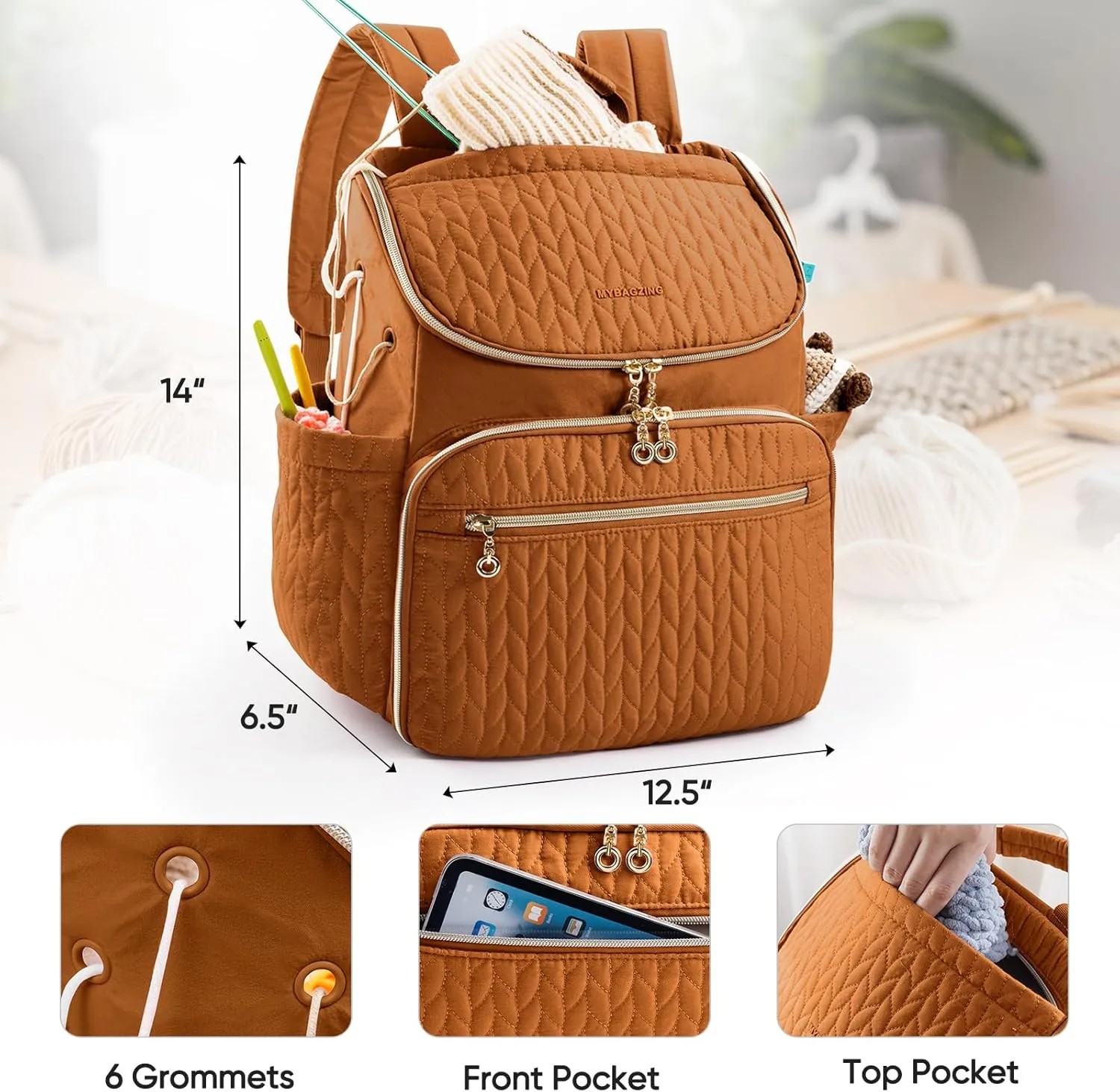 Knitting Bag Backpack, Large Crochet Backpack - Crochet Bag Organizer, Yarn Storage Organizer - Yarn Holder with 10 Pockets for Crochet Accessories, Knitting & Crochet Supplies, Crochet Gift