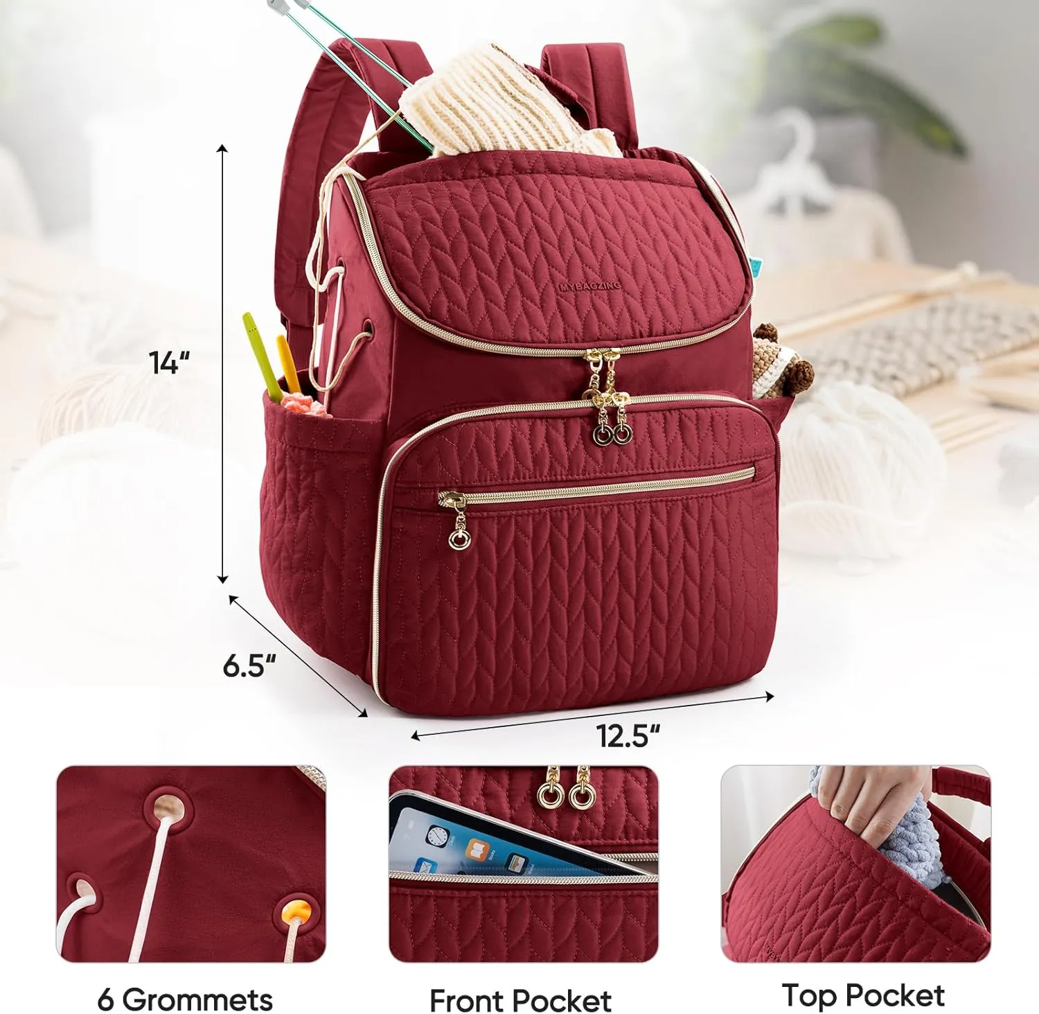 Knitting Bag Backpack, Large Crochet Backpack - Crochet Bag Organizer, Yarn Storage Organizer - Yarn Holder with 10 Pockets for Crochet Accessories, Knitting & Crochet Supplies, Crochet Gift