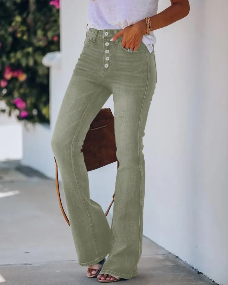 Koinshha Womens High Waisted Jeans Boyfriend Stretch Flare Casual Bootcut Denim Pants