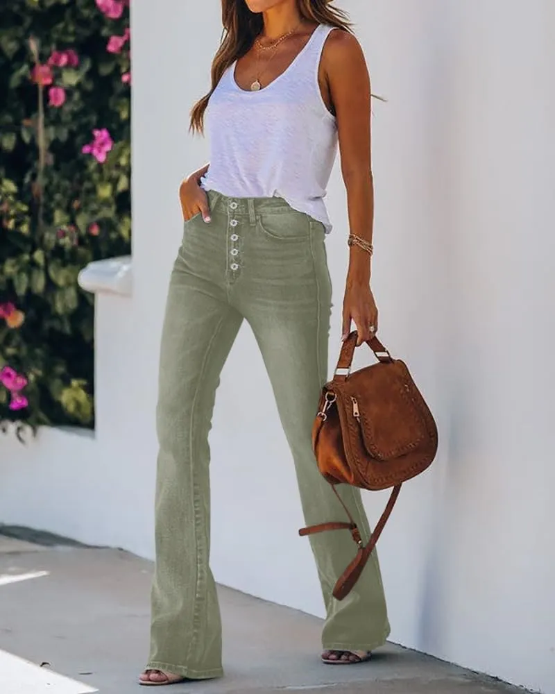 Koinshha Womens High Waisted Jeans Boyfriend Stretch Flare Casual Bootcut Denim Pants