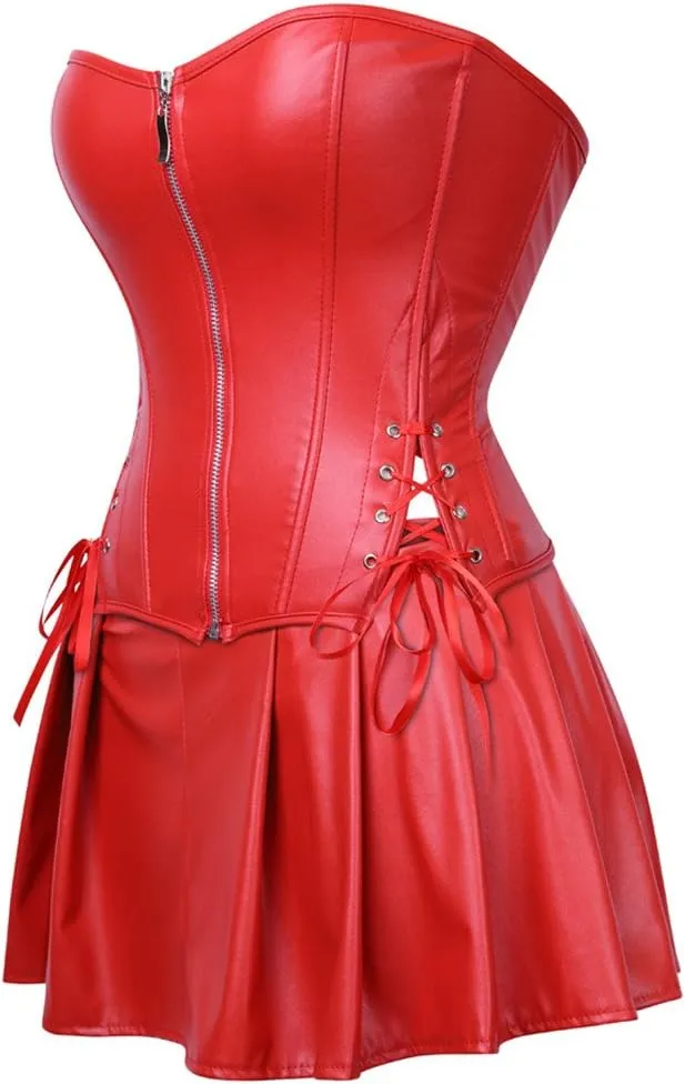 Kranchungel Women's Punk Rock Faux Leather Corset with Skirt Retro Goth Waist Cincher Basque Bustier