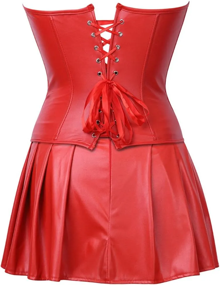 Kranchungel Women's Punk Rock Faux Leather Corset with Skirt Retro Goth Waist Cincher Basque Bustier