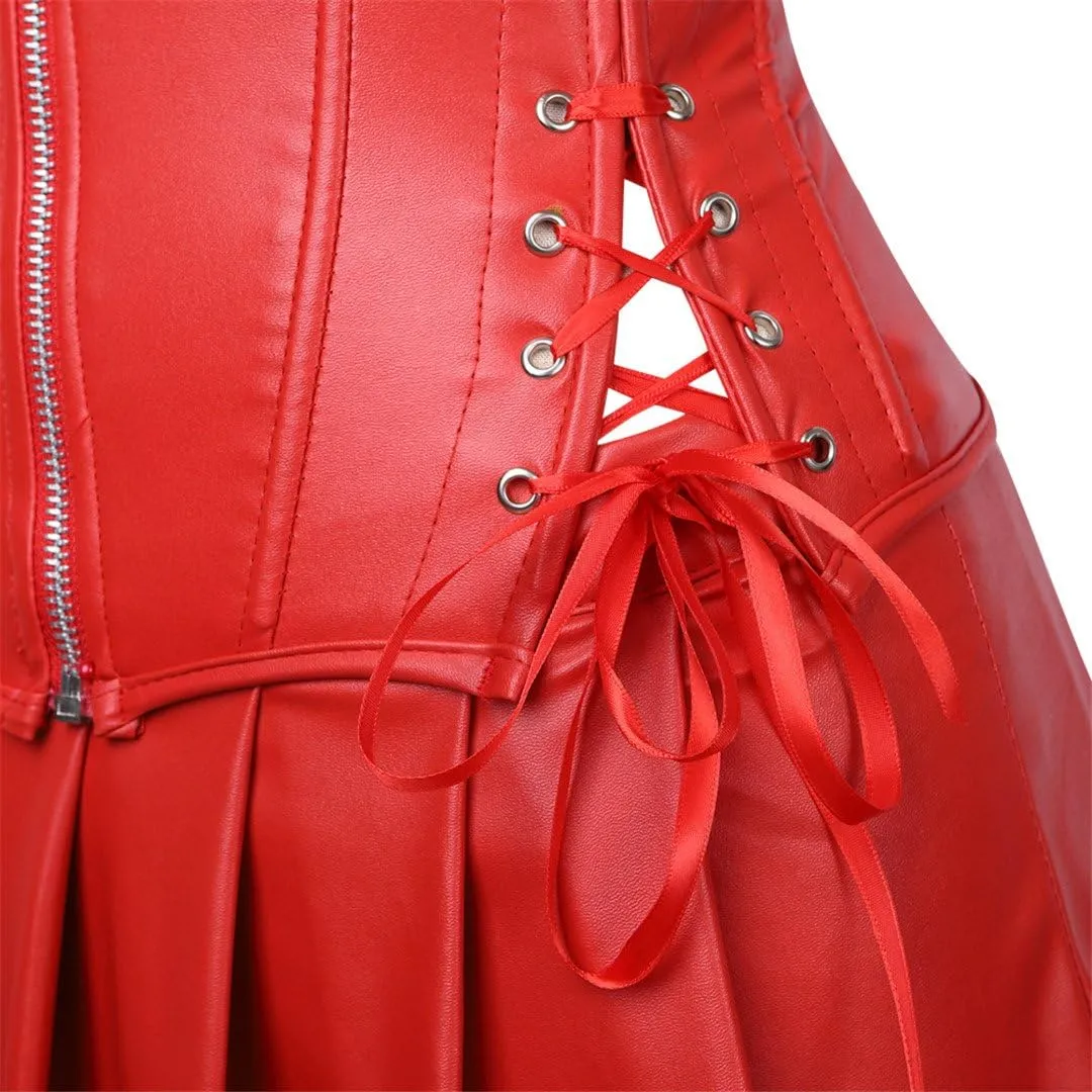 Kranchungel Women's Punk Rock Faux Leather Corset with Skirt Retro Goth Waist Cincher Basque Bustier