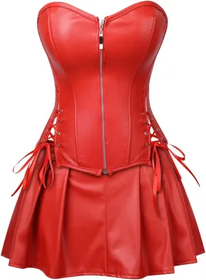 Kranchungel Women's Punk Rock Faux Leather Corset with Skirt Retro Goth Waist Cincher Basque Bustier