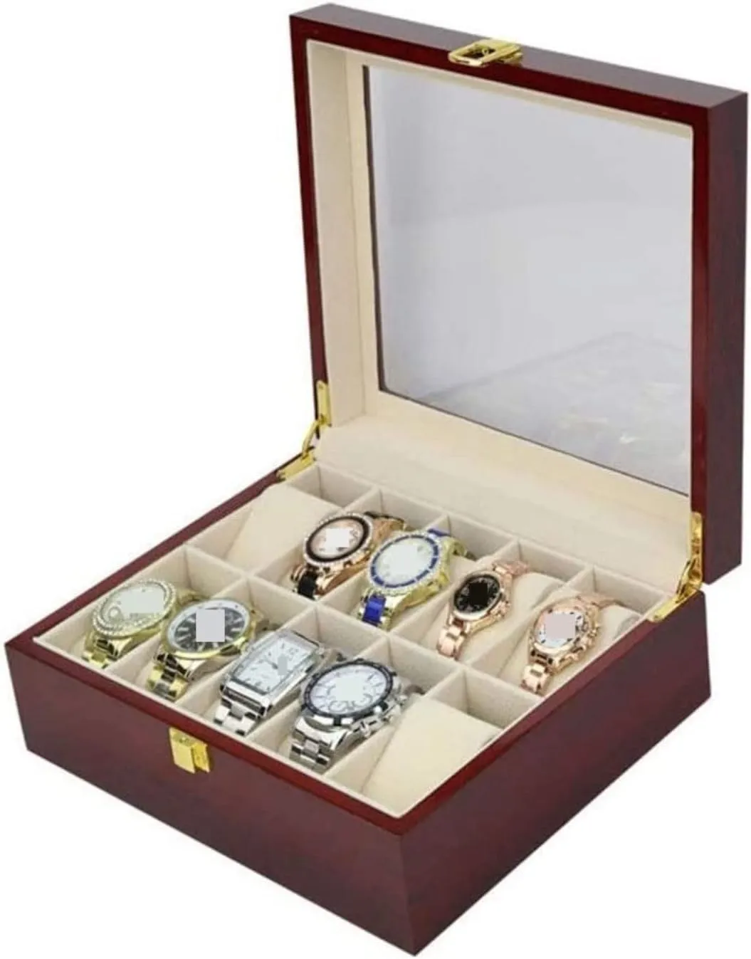 KYUSAR Watch Box Watch Holder Classic Solid Wood Wooden Watch Box 10 Slots Holder Storage Organizer Case Collector With Clear Display Top Watch Case