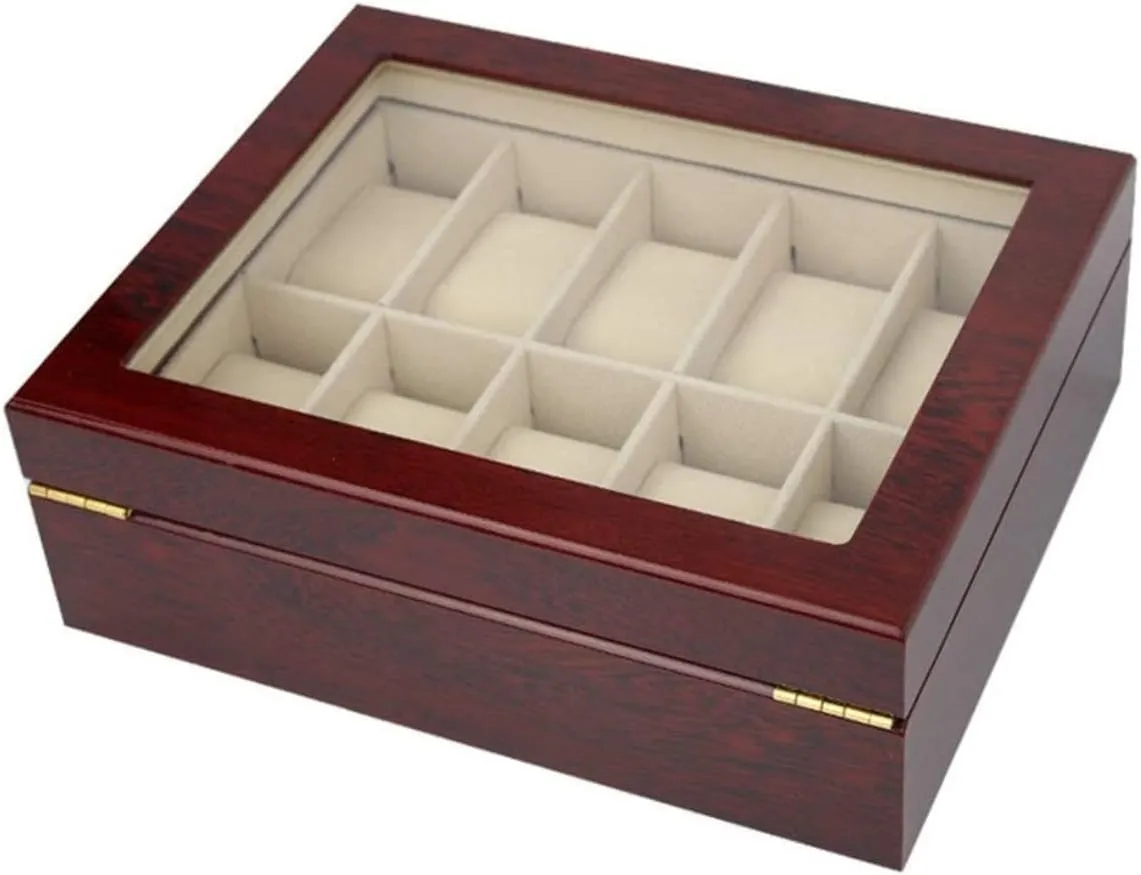 KYUSAR Watch Box Watch Holder Classic Solid Wood Wooden Watch Box 10 Slots Holder Storage Organizer Case Collector With Clear Display Top Watch Case