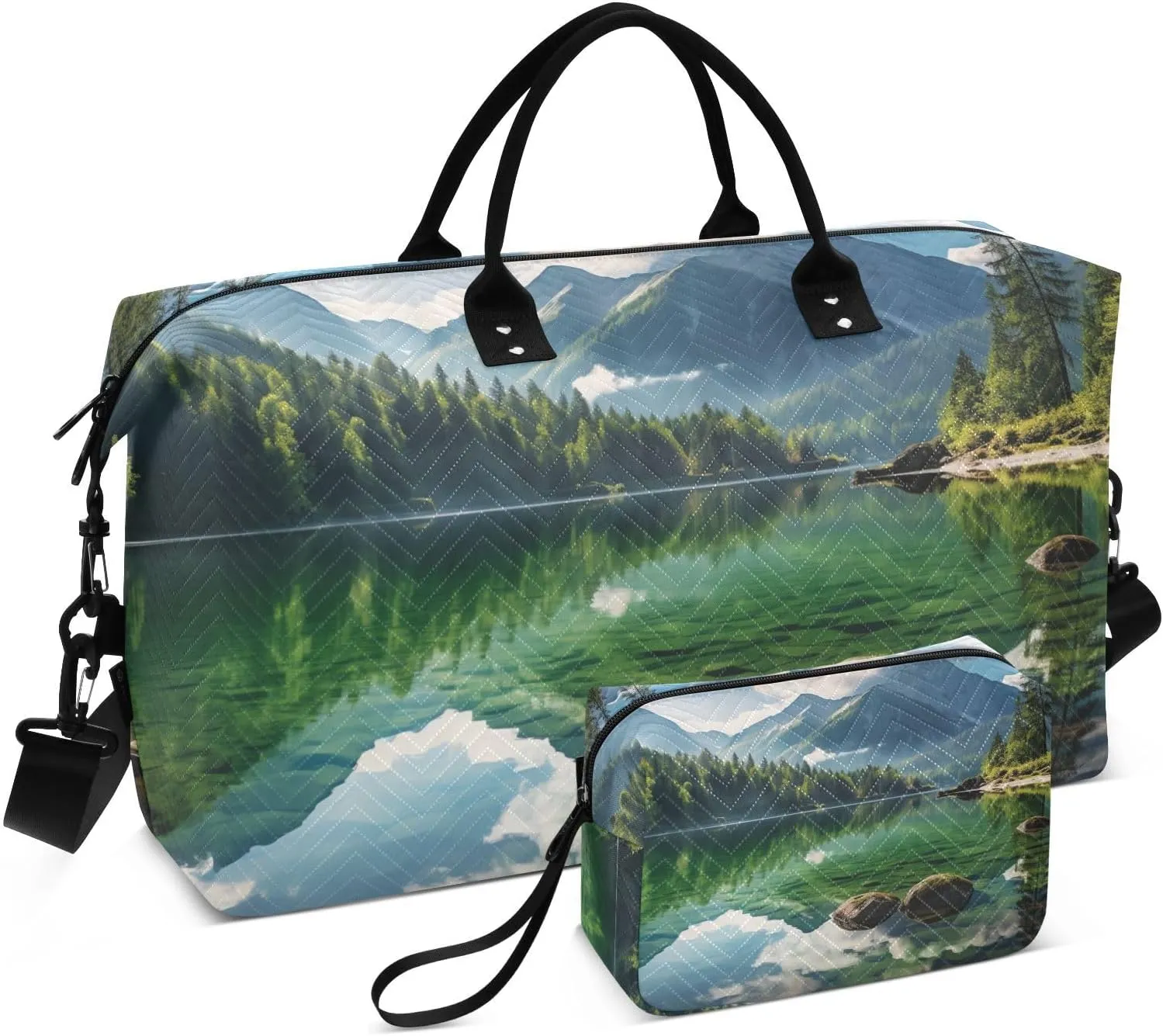 Lake Moutain Landscape Duffel Bag for Traveling, Travel Bag Gym Bag, with Multiple Interior Pockets Shoulder Weekender Bag for Women Men with Toiletry Bag 20.5L x 1.9W x 13.8H