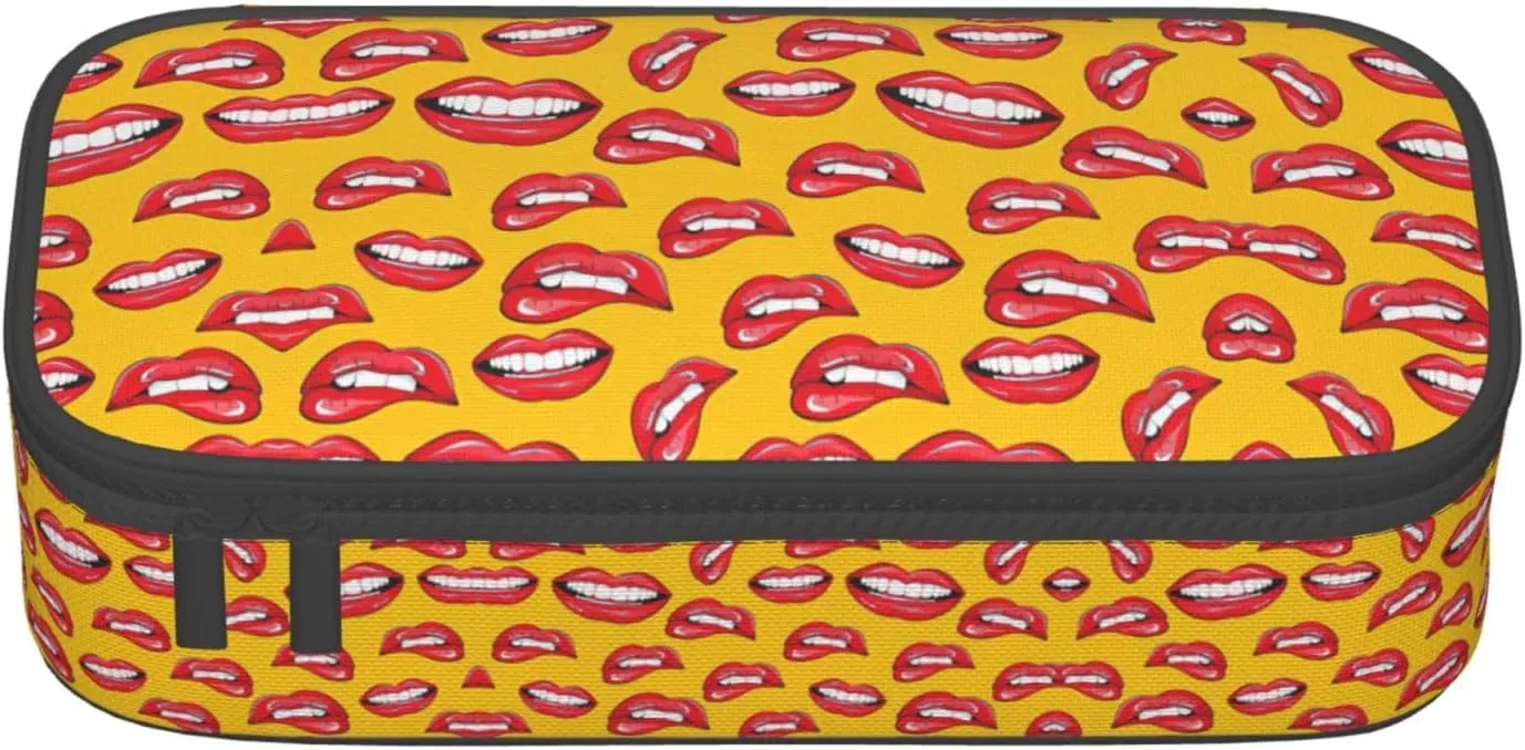 Large Capacity Storage Bag, Office Supplies Box, Women Smiling and Biting Her Red Lips Makeup Bag, Desk Organizer with Stylish
