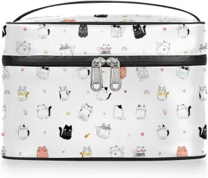 Large Makeup Bag Travel Cosmetic Bags for Women Cute Colorful Cartoon Animal Cat Makeup Organizer Case Toiletry Bag for Girls Traveling Wide Open Portable Pouch with Handle
