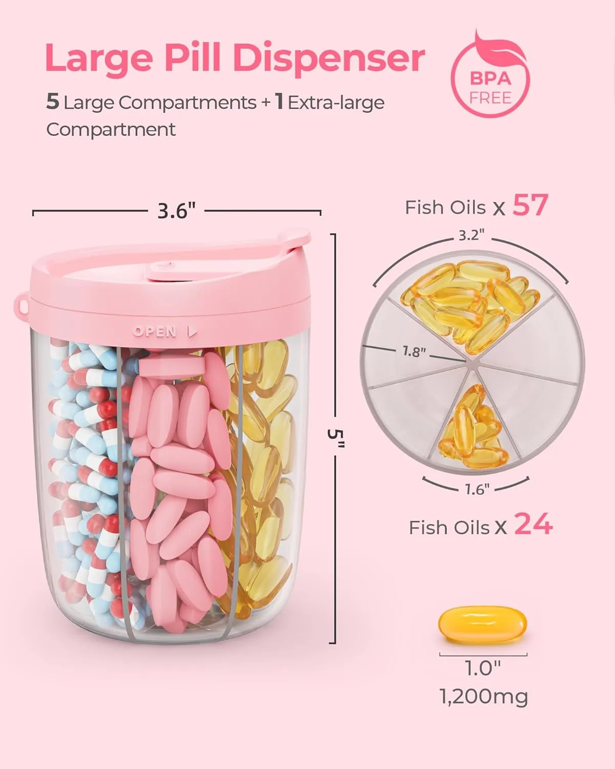 Large Pill Dispenser with 6 Compartments, Anti-Mix Pill Bottle Organizer with Wide Opening & Easy Retrieval, Vitamin Organizer for Travel, BPA-Free Pill Box with a Strap, Pink